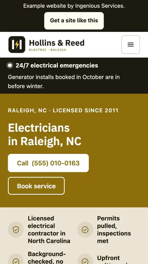 The Hollins & Reed Electric example site on a phone
